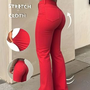 Hoge taille flare jeans voor dames - Stretch denim bell bottoms met zakken, levendig rood, comfortabel en stijlvol voor alle seizoenen