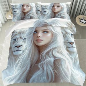 2/ 3pcs Lion And White Bedding Set, Double Bed/ Single Bed, Suitable For Home Dormitory, Gift, Soft And Comfortable Breathable Anti-wrinkle Machine Washable