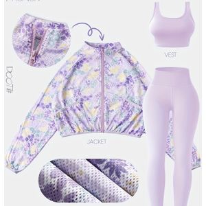 Vrouwen Lente Zomer Nieuw Mesh Print Ademend Sneldrogende Lange Mouw Ritsjas, Kleur Brede Schouder Sportvest, Hardloop Trainings Lichtbeige Fitness Broek Yoga Set 3- (Accessoires Niet Inbegrepen)