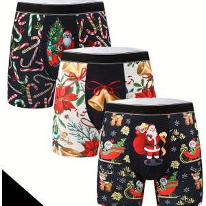 3 stuks Kerst Sinterklaas Print Cartoon Heren lange stijl Comfortabel en ademend Elastisch Boxershorts, Ultra-dun Hardlopen Sport Fitness Boxershorts, Kerstcadeau.