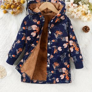 1pc meisjes fleece-gevoerde capuchontrui, polyester casual bloemenprint jas, herfst/winter hiking outdoor met knoopsluiting en lange mouwen