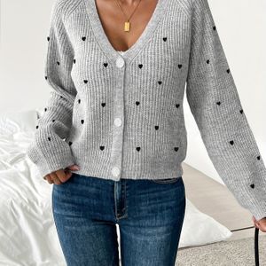 Vrouwen Elegante V-hals gebreide Cardigan met geborduurd hartpatroon, Lange mouw, Korte lengte, Polyester, mode trui