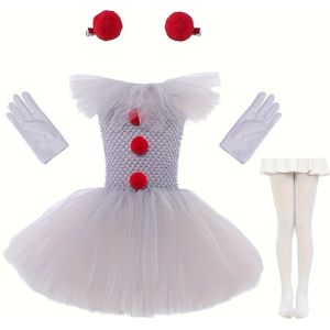 Meisjes Spookachtige Clown Halloween Handgemaakte Gebreide Jurk Cartoon Karakter Cosplay Kostuum met Pofrok, Tule Rokje, Haarklem, Handschoenen en Sokken 4- Set