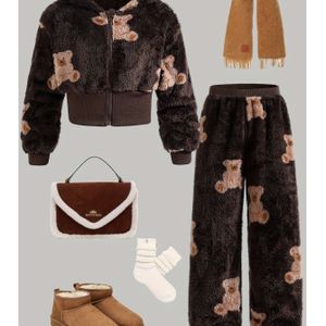 Meisjes Herfst-Winter Lange Broek Set met Rits Beer Hoodie, Schattig Modieuze Zoete Tweedelige Outfit, Perfect voor Buiten