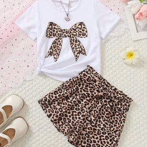 Girls' Leopard Print Bowknot Casual Fashion Stretchy Comfortable Light Beige Fabric Round Neck Short Sleeve White T-shirt And Rubber Band Pants Head Leopard Print Skirt Set, 2-piece Set, Outdoor