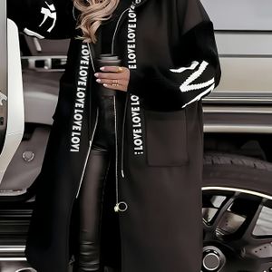 Plus Size, Elegante Damesjas met Capuchon en Rits - Zwart, Medium Stretch Stof, Lente/Herfst Overgangskleding, Casual Gelegenheden, Gesplitste Mouwen