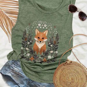 1pc Women's Casual Round Neck Jungle Fox Print Knit Top, 100% Polyester, Lightweight Summer Vest For All