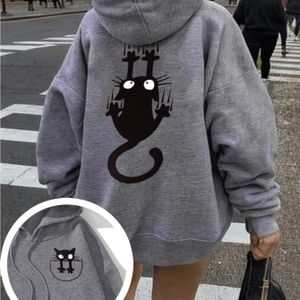 Dames leuke kat grafische hoodie - Casual trekkoord hoodie met voorzak, lange mouwen en geribbelde manchetten - Perfect voor herfst en winter, kat shirt