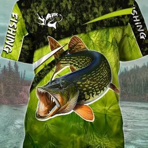 3D Vissen Grafische T-shirt Voor Heren, Polyester Rond Hals Korte Mouw T-shirt, Casual Zomer Gebreide Stoffen Top Met Lichte Stretch, Pas Voor Buiten - Teen Kleding