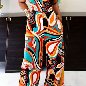 Elegante jumpsuit met bandeau-hals voor dames, regenboogstreepmotief, polyester tricotstof, lichtgewicht 180g/m², mouwloze rechte broek, lente/zomer mode