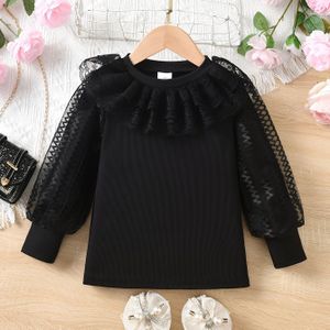 2025 Nieuwe Zoete Elegante Contrast Kant Lantaarnmouw Ronde Hals Stretch Pullover Bubbelmouw Prinsessen Top voor Meisjes, Zwart Mesh Lange Mouw Gebreide Trui