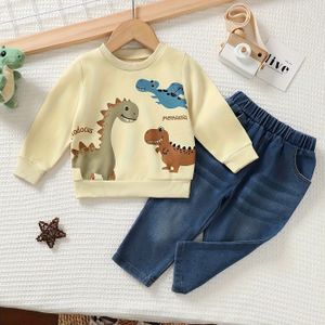 Schattige Tweedelige Set voor Baby Jongens met Ronde Hals Print Lange Mouwen Sweatshirt en Elastische Taille Denim Broek met Zijzakken voor Herfst en Winter, voor Buiten