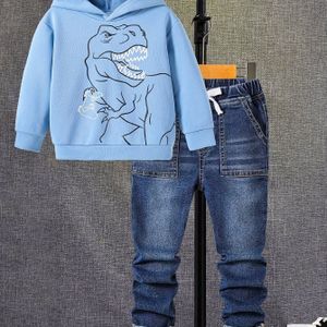 Gevlekte lange mouwen hoodie & joggers set, Dino , 2-delige jongens Co Ord set voor lente/herfst dagelijks en buitenkleding.