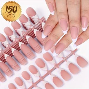 150 stuks Naakte Roze Amandelvormige Press-On Nagels, Medium Lengte, Geometrisch & Gradiënt , , Zachte Gel Nagel Tips Set met Voorafgaande Primer, Gemakkelijke Manicure Fake Nagel Kit