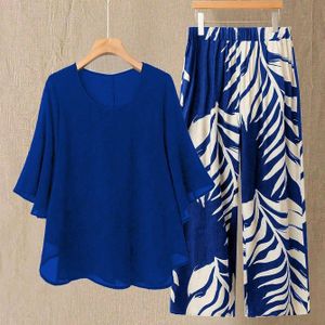 Stijlvolle Dames Chiffon Top & Bladprint Broek Set - Blauw & Wit, Ronde Hals, Korte Mouw, Polyester Blend, Mode, Stijlvolle Buitenkleding|Chiffon Stof|Polyester Blend