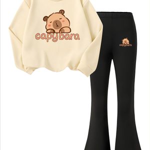 Meisjes Sweater en Broek Set Creatieve Persoonlijkheid Capibara Print Kindermode Wijde Broeken Trendy Casual Buiten Lange Mouwen Hoodie Lente/Herfst Losse Tweedelige Set