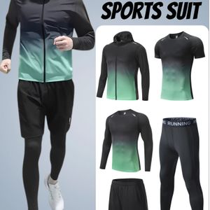 5-delige Heren Sportset: Sneldrogend Ademend Jack + Compressie Lange Mouw + Compressie Korte Mouw + Compressie Broek + Korte Broek, Fitness Trainingskleding voor Ballsporten