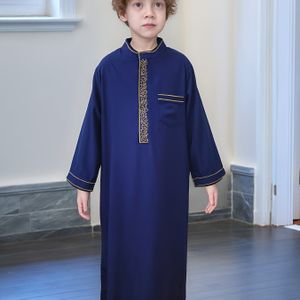 Marineblauwe Ramadan-Kaftan voor Jongens - Lange Mouwen Traditionele Arabische Gewaad met Ritsdetail & Gouden Afwerking, Midden-Oosterse Culturele Kleding voor Eid & Speciale Gelegenheden