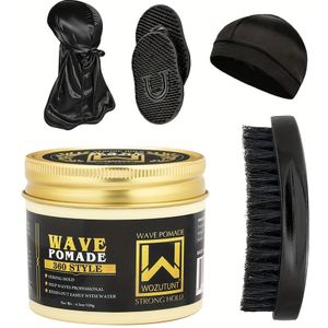 360 Style Heren Wave Pomade Set met & Curved Brush - Niet Vettig, Geen Residu, Makkelijk Schoon te Maken, Reisformaat Haarstyling Kit voor Golvend Haar, Haarstyling Tools