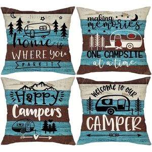 4pcs Printed Throw Pillow Covers, 18*18inch Farmhouse Style Welcome To Our Camper Decor Cushion Cases, For Porch Patio Couch Sofa Living Room Outdoor, Without Pillow Inserts