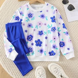Meisjes Tweedelige Set: Modieuze Ronde Hals Bloemenprint Lange Mouwen Sweatshirt + Enkellange Leggings, Herfst Casual Broek Set, Perfect voor Buiten
