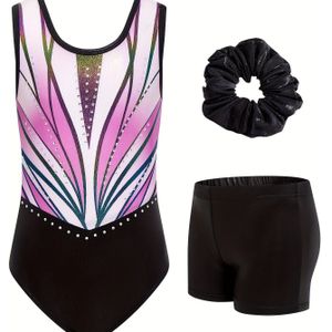 Meisjes Gymnastiek Ballet Dans Leotards Bodysuit met Shorts Set | Glitter Strass Steentjes Mesh Schaatsen Jumpsuit, High Stretch Stof, Mouwloze Top + Shorts, 3-12 Jaar, voor Buiten