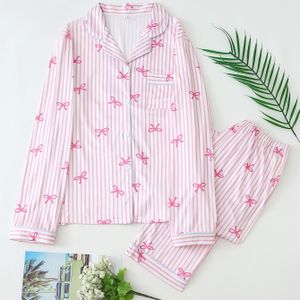 Pijplooi met gestreept strikprint, lange mouw, lange broek, pyjamaset voor tieners