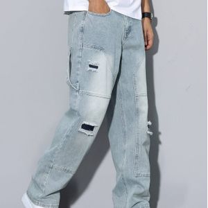 Herenvintage Lichtblauwe Kunstdenim met Gescheurde Details - Casual Losse Pasvorm, Middelhoge Taille, voor Alle Seizoenen, Ideaal voor Vrijetijdskleding, Tienermode, Duurzame Stof