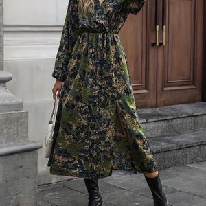 Dames A-lijn Maxi Jurk met V-hals Pofmouw & Bloemenprint - Olijfgroen Blauw Gouden -achtig Tartan-achtig , Splitzoom Jurk voor Bruiloften, Feesten, Vakantie - Machinewasbaar - Lange Jurk