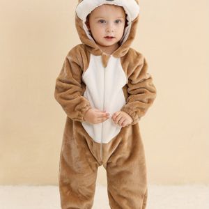 Baby's schattige dieren onesie met fuzzy, casual capuchon en lange mouwen, romper voor peuters en baby's, outdoor kleding voor jongens