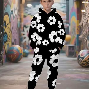 3D Bloemenpatroon Casual Sweatshirt en Joggingbroek Set voor Jongens | Perfect voor Buiten, Lichte Stretch Stof, Regular Fit, Geschikt voor Lente/Herfst, Voor Tieners