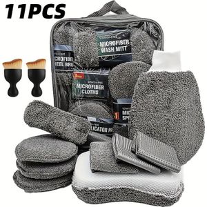 11-delige Microfiber Auto Was Kit met Bandenborstel, Kras Verwijderingspad & Detailing Spons - Duurzame Zachte Textuur Handschoenen, Interne & Externe Reinigingstools