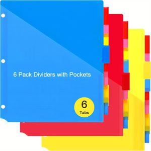 6pcs Dividers With Pockets, Dividers For 3 Ring Binder With Pockets, Dividers With Pockets, Loose-leaf Index Divider Pages, Notebook Dividers With Pockets, Vibrant Color