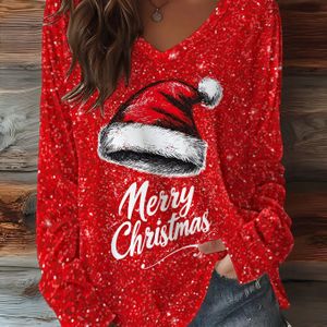 Glinsterende Rode V-hals Lange Mouw Kerst T-Shirt met Glitter Hoed & Sneeuwvlok Print, Gouden " Kerstfeest" Lettering - Elegante Feesoutfit voor de Festiviteiten van het Jaar (Wasbaar in Machine)