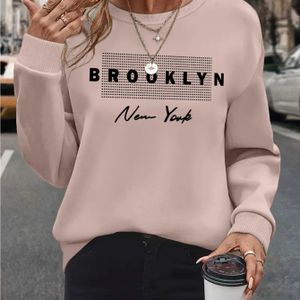 Brooklyn New " Plus Size Dames Sweatshirt - Casual Crew Neck, Lange Mouwen, Rekbare Stof, Letterprint Pullover voor Lente/Herfst/Winter