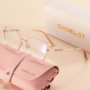 SHINELOT Modieuze Metalen Messing Montuur met Decoratie voor Vrouwen Platte Lenzen Bril