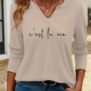 Women's Casual V-neck T-shirt With "" Letter Print, 3/4 Sleeve Tee, Medium Stretch Fabric, Regular Fit - Style 7496