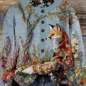 Plus Size, Dames Plus-Size Lichtgewicht Vest - Vos & Bloemenprint Open Voorkant Knoopsluiting Lange Mouwen Casual Trui voor Lente/Herfst Laagjesdragen, Alleen Handwas, Cardigan Sweater