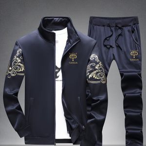 Heren Lente/Herfst Gebreide Stoffen Set, Casual Sport Tweedelige Outfit met Bloemenprint, Lange Mouwen, Opstaande Kraag, Regular Fit, Polyester, met Zakken