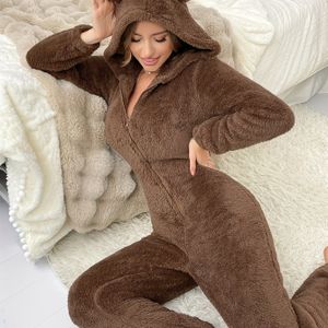 Bruine Capuchon Pyjama, Dik Gevoerde Warme Dames Onesie, Knusse Nachtkleding,Stijlvolle Nachtkleding,Elegante Loungewear,Hoogwaardige Stof,Lange Pyjama's,Ritsluik Nachtkleding