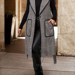 Vrouwen Elegante Lange Vest - Mouwloos, Strik in de Taille, Zakken, Machinewasbaar, Polyester, Britse Stijl voor Herfst/Winter