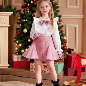 1 Kleur Lange Mouw Lapel -Dimensionale Boog Shirt + 1 Sequined Mesh Elegante Jurk Twee-Delige Set, Geschikt Voor Lente En Herfst Buiten En Feestkleding, Voor Buiten