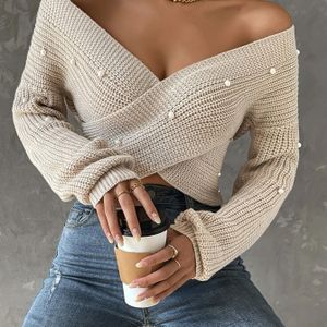 Onregelmatige V-hals Pullover met Parelversiering voor Dames