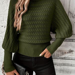 Geribbelde Dames Trui met Hoge Hals - Olijfgroene Getextureerde Lange Mouwen Pullover, Rekbare Losse Pasvorm Casual Winter Top voor Herfst & Winter, Dagelijks Comfortabel , Highneck Sweater, Stof