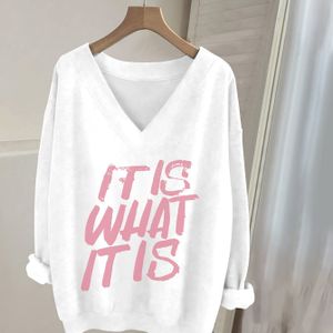 0829, Casual V-hals Lange Mouwen Sweatshirt met Letterprint, Dames Lange Mouwen T-Shirt, Lange Mouwen Top, Modieuze Top