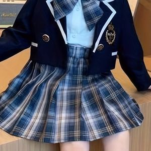 Meisjes Lente, Zomer En Herfst Preppy Stijl, Medium En Groot Stijlvol Vier-Delige Pak. Pak, Overhemd, Plisserende Jurk, Tie