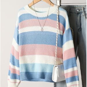 Meisjes Mode Eenvoudige Gestreepte Trui Lente Herfst Winter Ronde Hals Lange Mouw Kleurblok Veelzijdig Gebreide Pullover Top