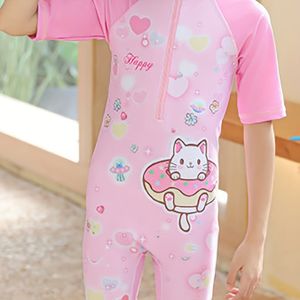 Meisjes Cartoon Eendelige Badpak, Casual Stijl, Polyester Breiselstof, Slim Fit, Schattig Kattenontwerp met Hart- en Donutmotieven