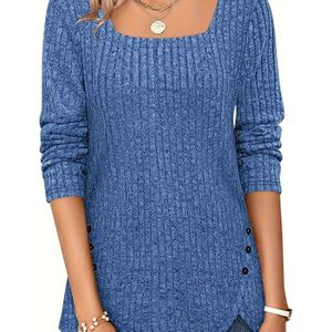 Dames Casual Geribbelde Vest met Dubbele Knopen - Lange Mouwen, Vierkante Hals, Knoopsluiting, Losse Pasvorm voor Lente/Zomer/Herfst, Casual Vest | Top met Knoopsluiting | Constructie, Vest Trui