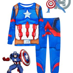 2-9 Jaar Jongens Marvel Captain America Set voor Thuis, Avengers Superhelden Kleding Outfit, Modieuze Trendy Ronde Hals Lange Mouw Broek 2-delige Pyjama, Jongenskleding
